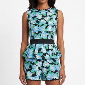 Unique Vintage Blue Floral Peplum Romper Scalloped Neckline 2 Piece Size Med